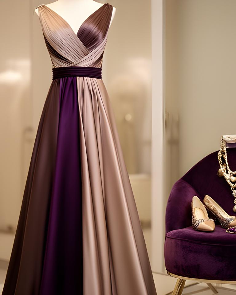 Evening gown and accessories arranged on a velvet chair in a softly lit fitting room