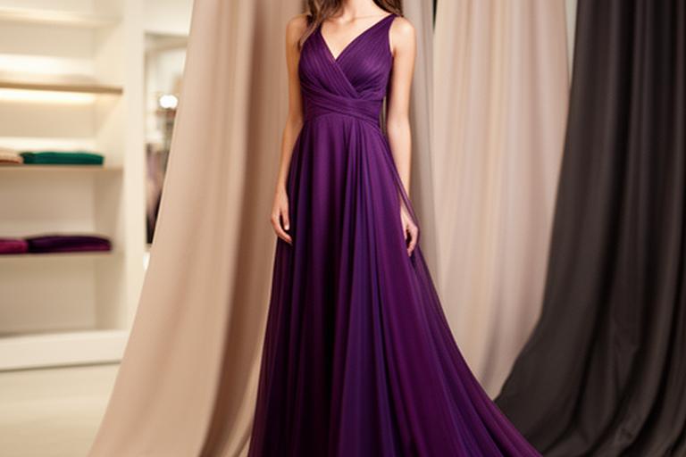 A model in a flowing evening gown beside soft fabric drapes in a Lewisburg showroom
