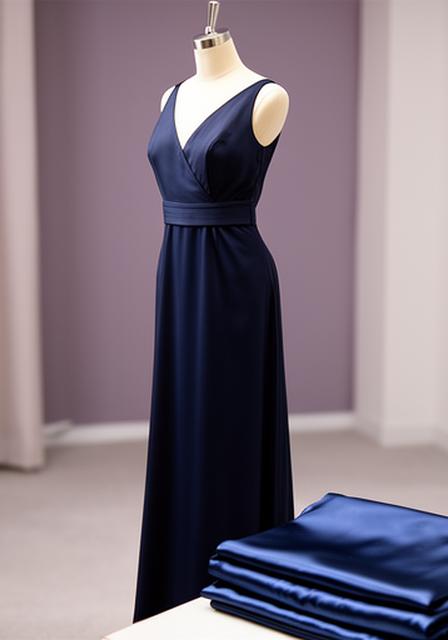 A navy evening gown on a mannequin beside folded satin fabric in a quiet fitting room
