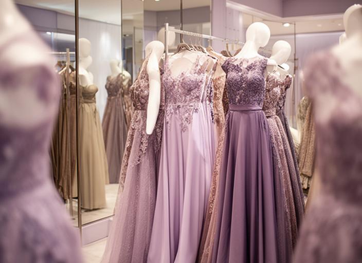 Elegant formal dresses on display in a softly lit boutique interior with mirrored walls