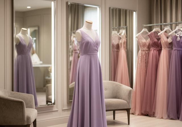 Elegant formal dress fitting setup inside a Lewisburg showroom with mirrors, seating, and soft lighting