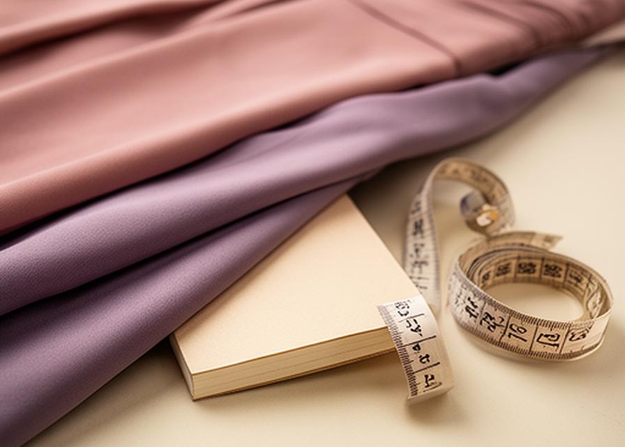 Folded evening dress fabric arranged beside a notebook and measuring tape on a softly lit table