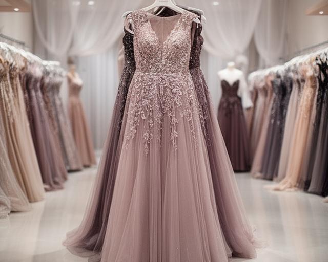 Elegant evening dresses on display in a softly lit formalwear showroom